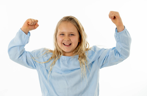 Close up portrait. Cute charming happy, excited, funny, cheerful young kid celebrating victory and having fun. Positive human emotions and people education and happy childhood concept. - Foto, Bild