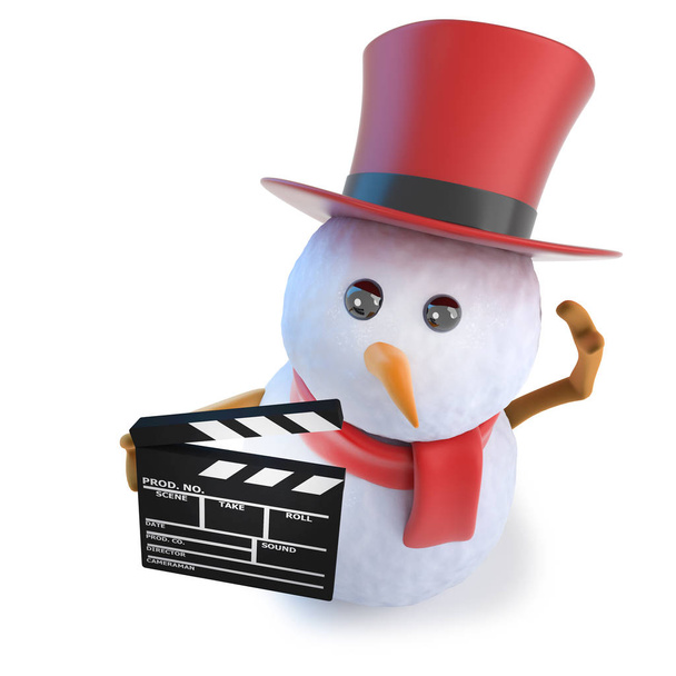 3d Funny cartoon snowman wearing a top hat and holding a flm slate clapperboard - Photo, Image