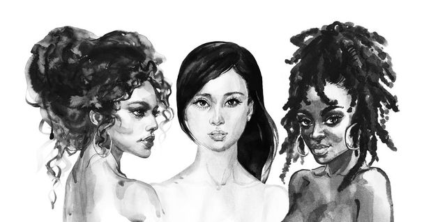 アフリカ、アジア、アラビア、インドの女性を描く。美しい女性の水彩画モノクロの肖像画。手描きの多様性ファッションイラスト - 写真・画像