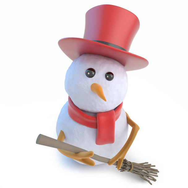 3D grappige cartoon winter sneeuwpop karakter vegen met een bezem - Foto, afbeelding