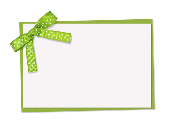 Green and white polka dot card, ribbon and bow - Photo, image