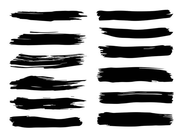 Vektor gyűjteménye művészi piszkos fekete festék kéz tette kreatív ecsetvonás készlet elszigetelt fehér háttérrel. Egy csoport absztrakt grunge vázlatok design oktatás vagy grafikai művészeti dekoráció - Vektor, kép