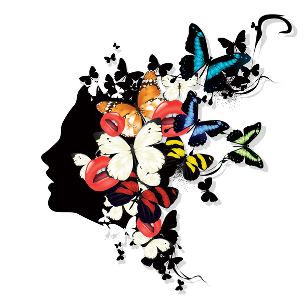 προφίλ ενός κοριτσιού με πεταλούδες. πολύχρωμο διανυσματικά εικονογράφηση - Διάνυσμα, εικόνα