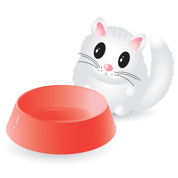 Симпатичный голодный котенок с пустой миской, изолированной на белом
 - Вектор,изображение