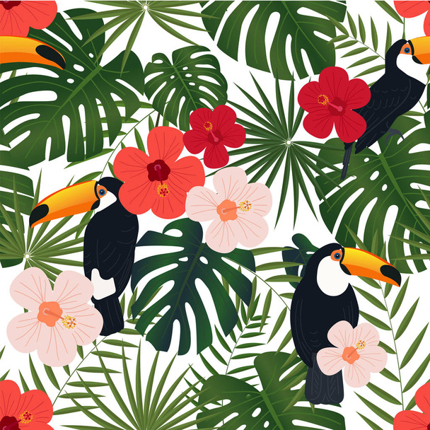 カラフルな熱帯の鳥と緑の葉のシームレス パターン - ベクター画像