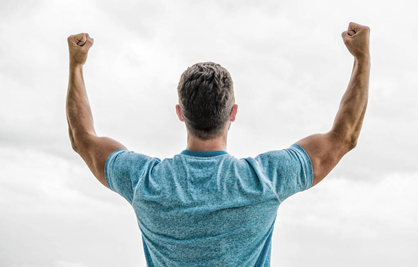 muscular back man isolated on white. Man happy emotional celebrate profitable deal. Follow your dream. Keep moving. Inspired for start up. Happy winner. Celebrate victory or achievement. - Fotó, kép