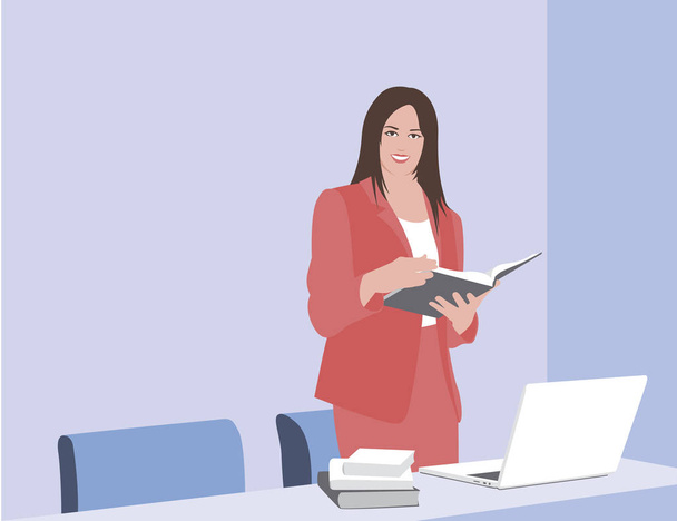 Mujer de negocios leyendo un libro. Una mujer de negocios tiene un libro en sus manos. La mujer hace una presentación. ilustraciones vectoriales
 - Vector, Imagen