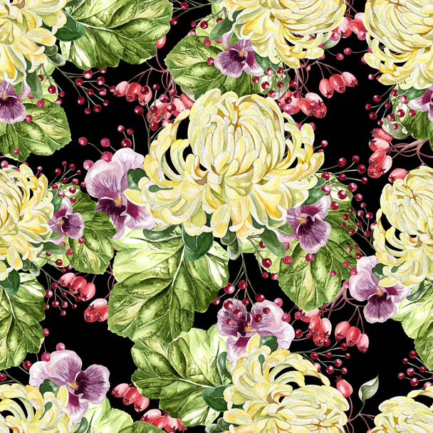 Яркий акварельный осенний бесшовный узор с цветами хризантемы и фиалки
.  - Фото, изображение