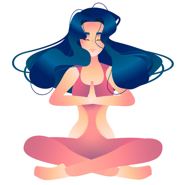 A woman does yoga. Lotus meditation pose. Beautiful hair and body. Red tightening sports suit. Vector flat illustration on a white background. - ベクター画像