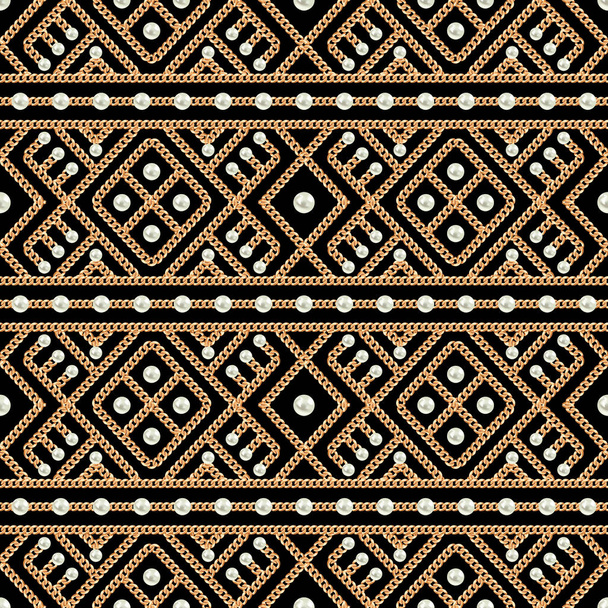 Seamless pattern of Gold chain geometrical ornament and pearls on black background. Vector illustration - Vector, imagen