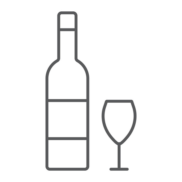 ヘブライワインの細い線のアイコン、ユダヤ人と飲み物、ボトルとガラスの看板、ベクトルグラフィックス、白い背景に線形パターン. - ベクター画像