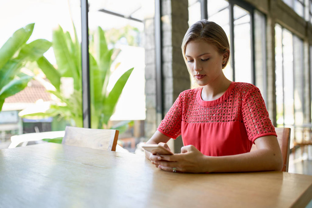 Lifestyle shot of young blonde caucasian natural millennial woman typing on cellphone at a modern tropical and bright office with plants - Photo, Image