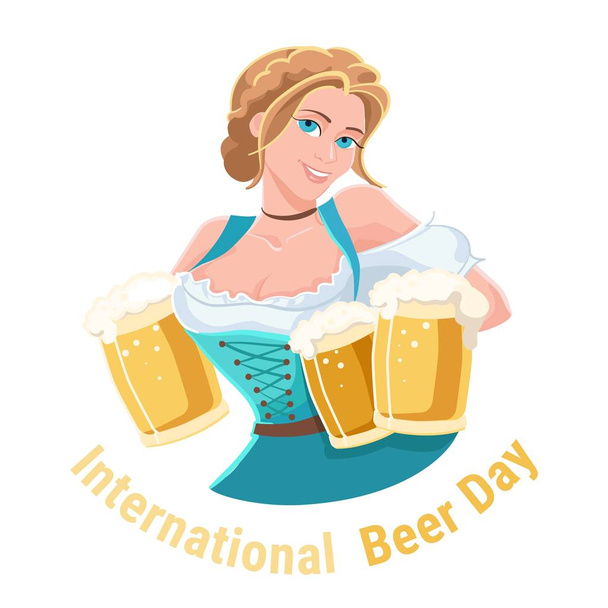 Beautiful waitress, holding glasses of beer for web and printing. - ベクター画像