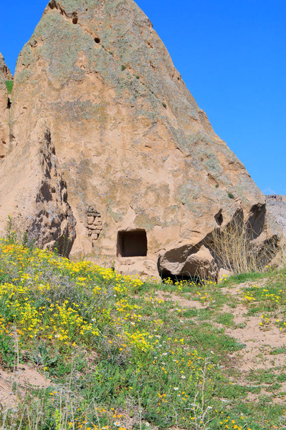 Hegyi ösvény, vadvirágok, az ősi barlangi menedékhelyek  - Fotó, kép