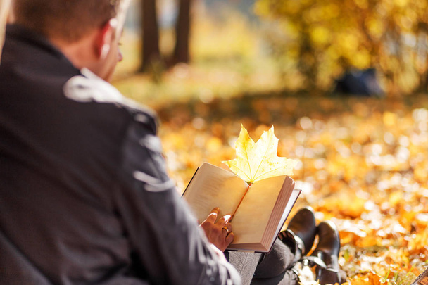 Couple amoureux - un homme et une femme - passer du temps ensemble dans le parc d'automne, lire un livre
 - Photo, image