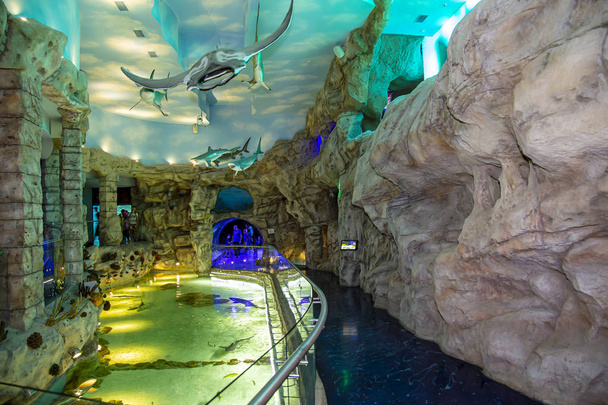 MOSCOW, RUSSIA - JULY 23, 2018: The interior of the Oceanarium Crocus City, over 5000 species of fish and other animals from all over the world. Moscow, Russia - Foto, imagen
