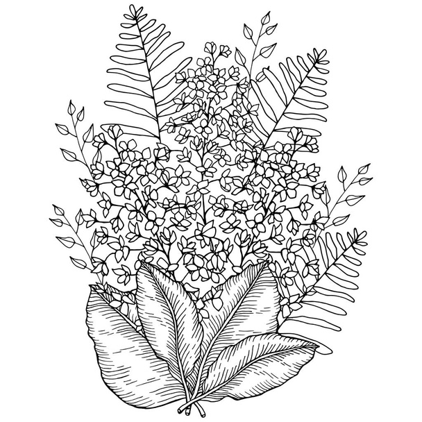 Hand drawn floral bouquet with flowers and leaves monochrome vector illustration - Vektör, Görsel