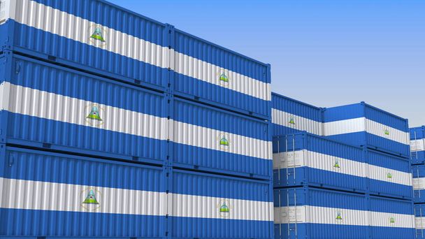 Terminal de contenedores lleno de contenedores con bandera de Nicaragua. Exportación o importación nicaragüense de renderizado 3D
 - Foto, Imagen