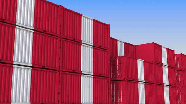 Контейнерний термінал повний контейнерів з прапором Перу. Перуанський експорт або імпорт пов'язаних 3D-візуалізації - Фото, зображення