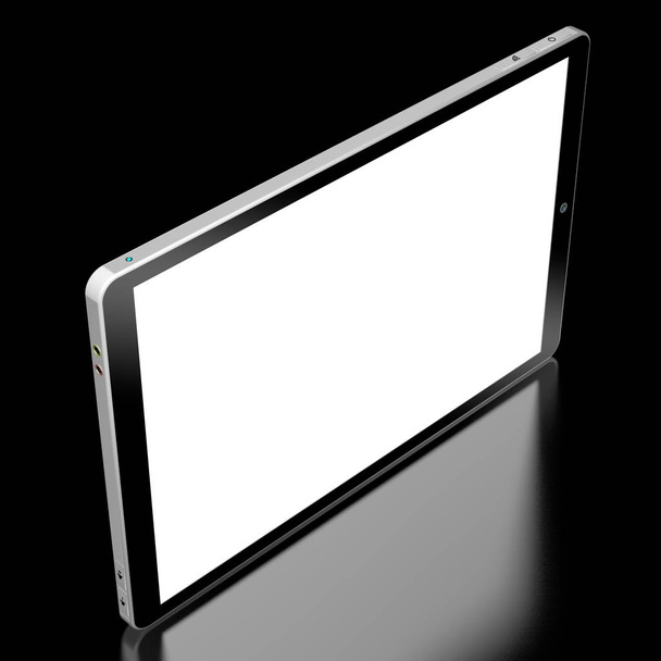黒いバックグルーに隔離された空の画面を持つ3Dブランドレスタブレット - 写真・画像
