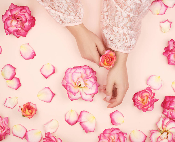 жіночі руки з гладкою шкірою, білий фон з рожевим розеткою
 - Фото, зображення