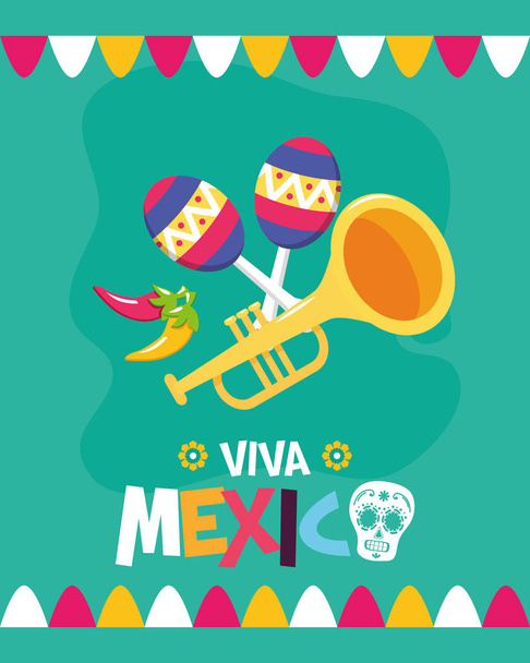 trumpet and maracas celebration viva mexico - Vector, Image