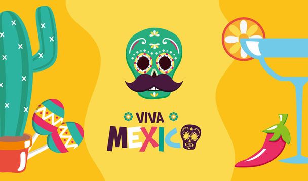 suiker schedel maracas cocktail cactus maracas viering Viva Mexico - Vector, afbeelding