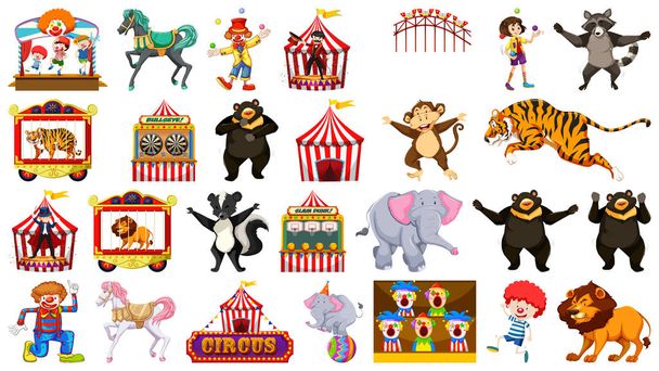 Hatalmas cirkuszgyűjtemény vegyes állatokkal, emberekkel, bohócok - Vektor, kép