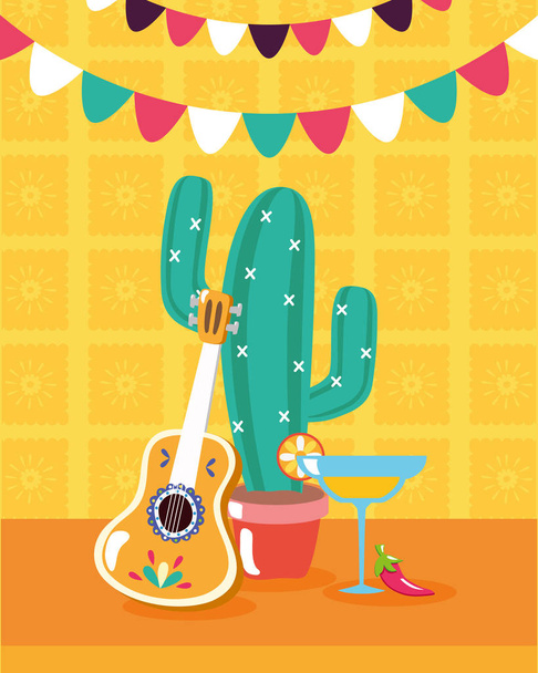 gitár kaktusz koktél dekoráció ünnepe Viva Mexikó - Vektor, kép