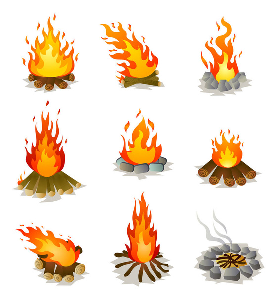 Set of burning hot campfire with tree wood and stones - Vector, imagen