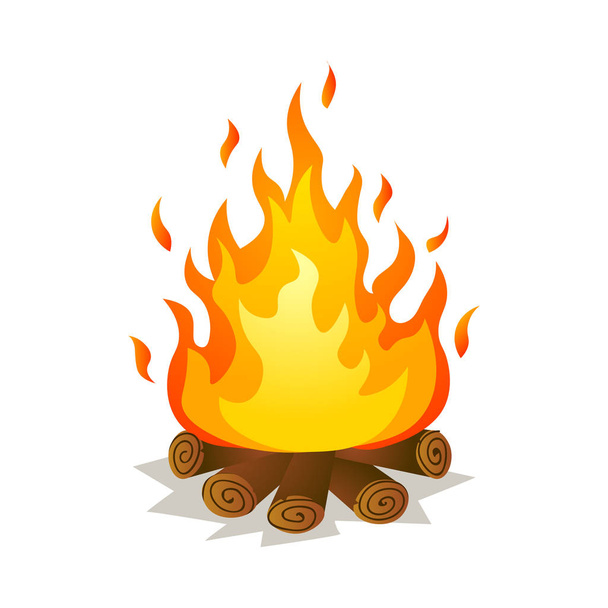 木の森と熱い燃える大きな炎のキャンプファイヤー - ベクター画像