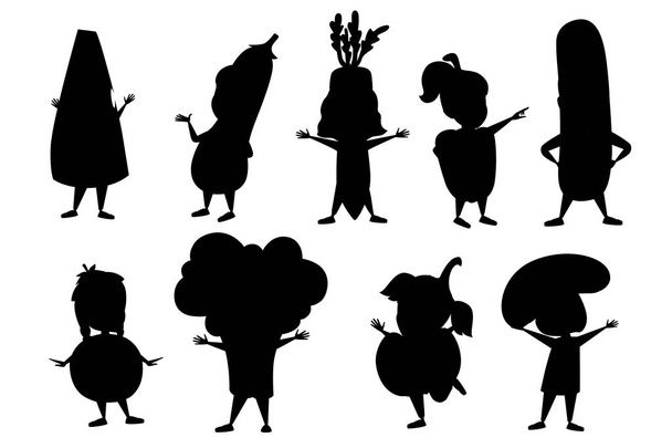Černá silueta chlapců a dívek, které mají na sobě zeleninu a jiné potravinové kostýmy kreslené vzory design plochý vektorový obrázek izolovaný na bílém pozadí - Vektor, obrázek