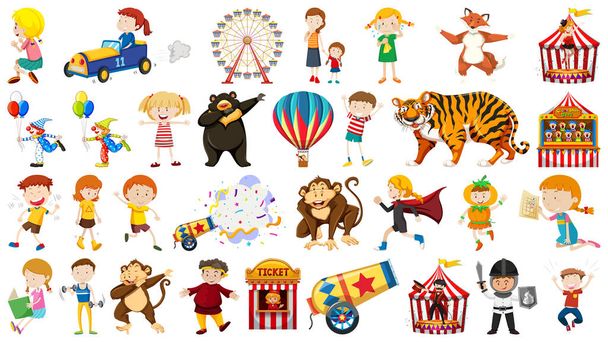 Circus set with animals rides and clowns on isolated background - Vector, Image