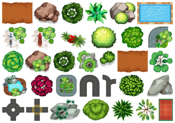 Collection of outdoor nature themed objects and plant elements - Vector, Image