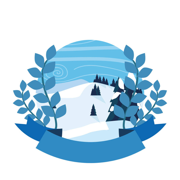 Krajina zimní sněhové stromy příroda listí emblém - Vektor, obrázek