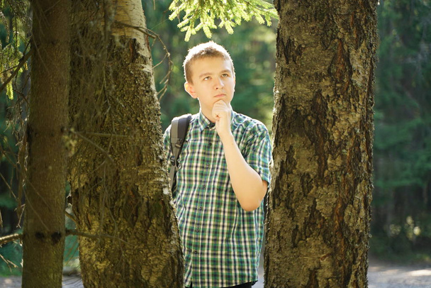 έφηβο αγόρι που περπατάει στο δάσος μόνος του την καλοκαιρινή μέρα - Φωτογραφία, εικόνα