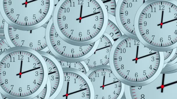 Muchos relojes simples 3d con flechas de hora, segundo y minuto, computadora generó telón de fondo moderno del negocio
 - Metraje, vídeo