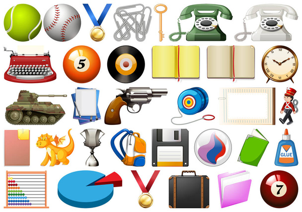Assorted office, home and school related objects and toys isolat - Vector, Image