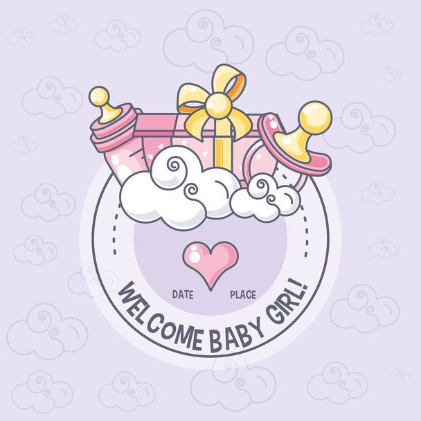 tarjeta de bienvenida de la ducha del bebé con caja de regalo e iconos
 - Vector, Imagen