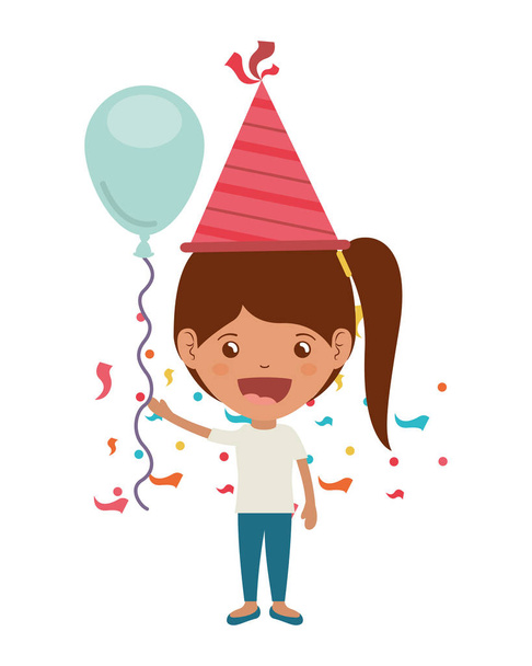 девушка в шляпе для вечеринок и гелиевом шаре на праздновании дня рождения
 - Вектор,изображение