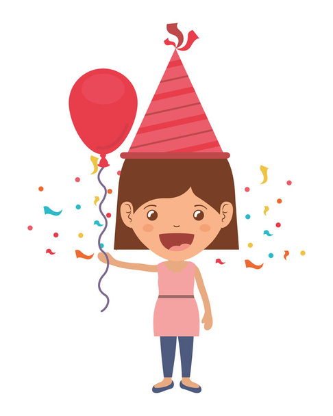 meisje met feest hoed en helium ballon in verjaardag viering - Vector, afbeelding