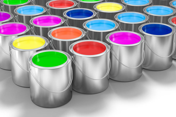 Os baldes de tinta colorida com fundo branco, renderização 3d
. - Foto, Imagem