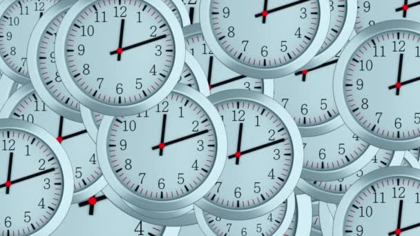 時間、秒と分の矢印を持つ多くの3Dシンプルな時計、コンピュータ生成近代的なビジネスの背景 - 映像、動画