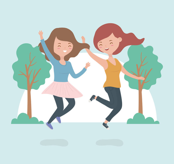 boldog fiatal nők ünneplő jumping az erdőben táj - Vektor, kép