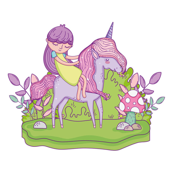 beautiful little unicorn with princess in the landscape - Vector, Image