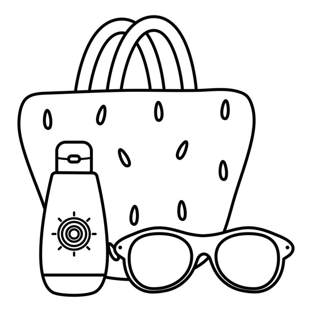 сумка женщина в солнечных очках и блокатор солнечной
 - Вектор,изображение