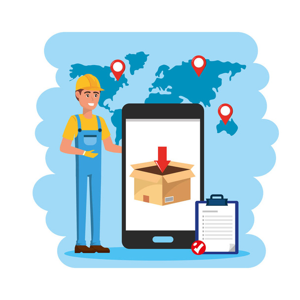 delivery man with smartphone service and check list - Vector, Image