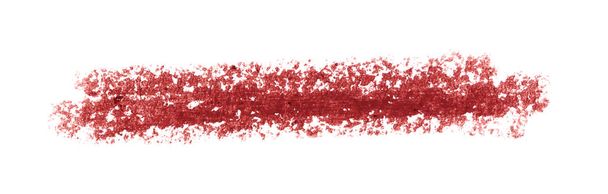 白い背景に隔離されたリップライナーストローク。化粧品鉛筆汚れテクスチャ。赤い口紅の輪郭。バーガンディカラーメイクスウォッチ - 写真・画像
