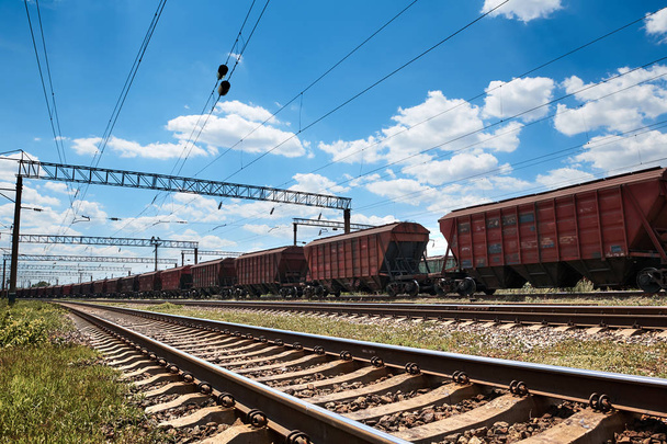 Industrial railway - wagons, rails and infrastructure, electric power supply, Cargo transportation and shipping concept. - Photo, Image