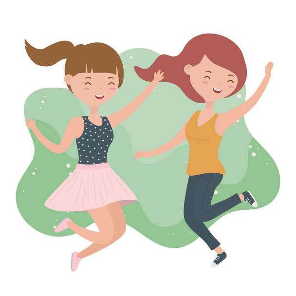 boldog fiatal nők ünneplő jumping karakterek - Vektor, kép